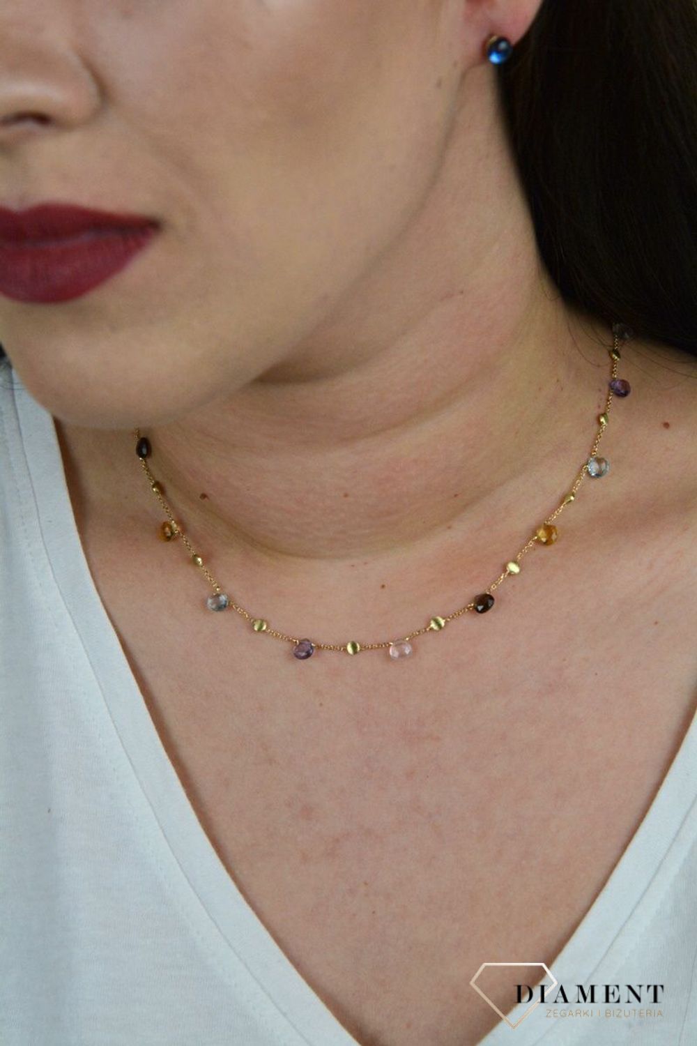 Złoty naszyjnik celebrytka z kamieniami naturalnymi cytryn, ametyst, kwarc dymny DIA-NSZ-BF1421-585.jpg