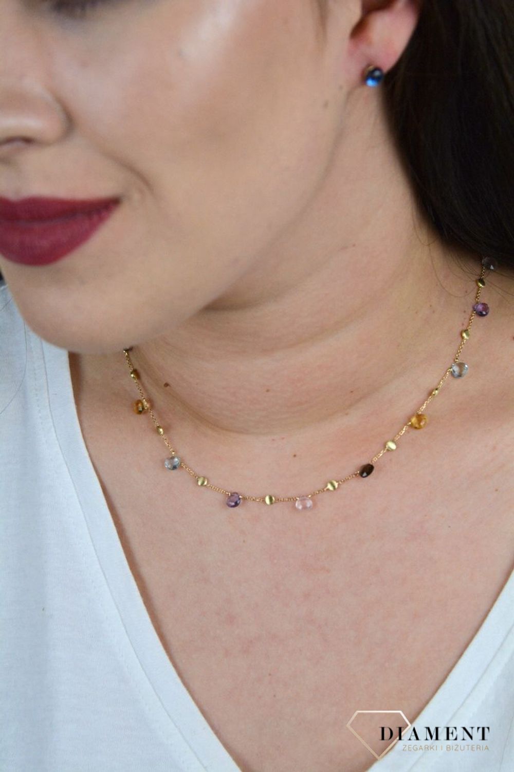 Złoty naszyjnik celebrytka z kamieniami naturalnymi cytryn, ametyst, kwarc dymny DIA-NSZ-BF1421-585.jpg
