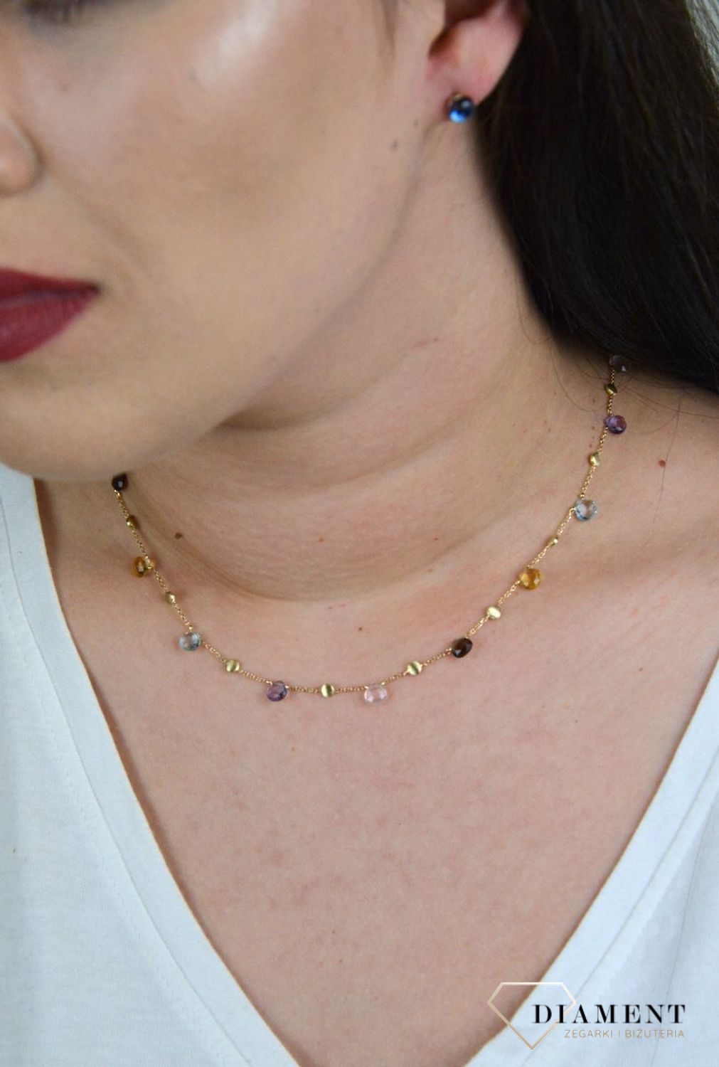 Złoty naszyjnik celebrytka z kamieniami naturalnymi cytryn, ametyst, kwarc dymny DIA-NSZ-BF1421-585.jpg