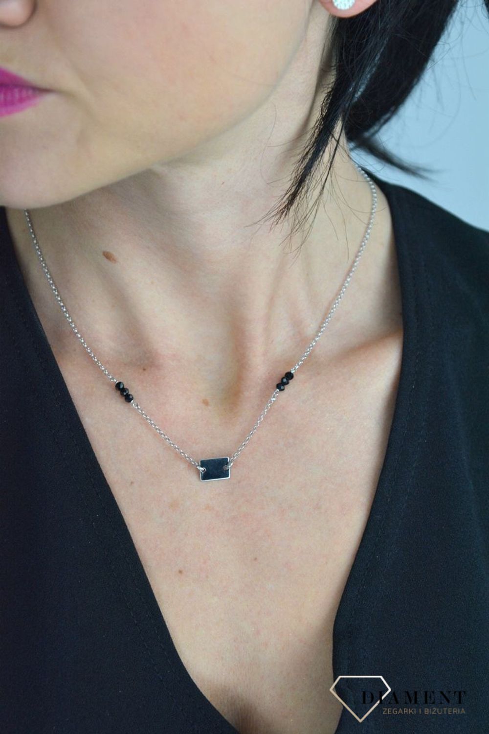 Srebrny naszyjnik celebrytka blaszka z czarnymi koralikami DIA-NSZ-BLASZKA5-925.jpg