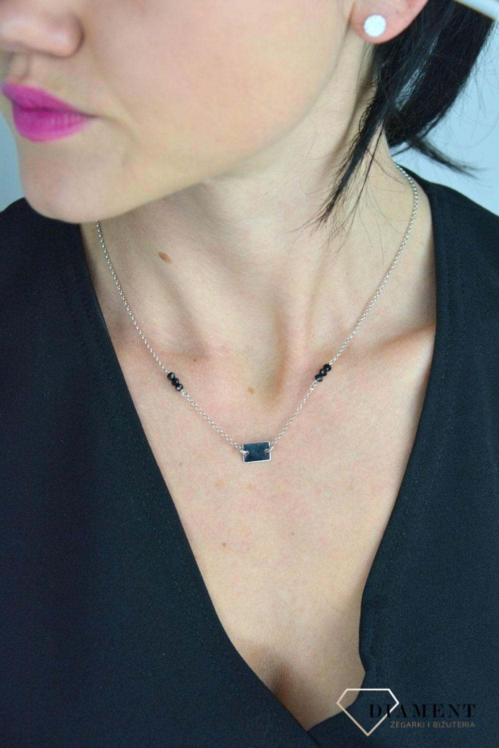Srebrny naszyjnik celebrytka blaszka z czarnymi koralikami DIA-NSZ-BLASZKA5-925.jpg