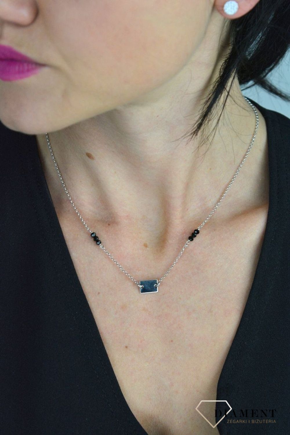 Srebrny naszyjnik celebrytka blaszka z czarnymi koralikami DIA-NSZ-BLASZKA5-925.jpg