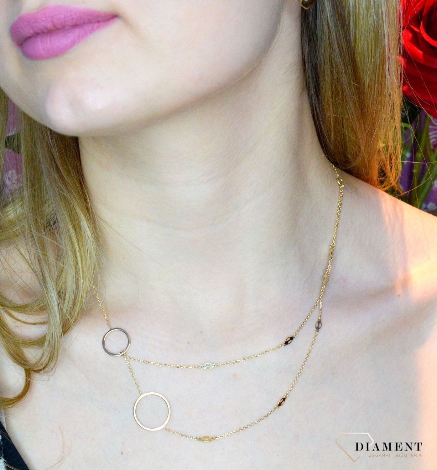 Złoty naszyjnik 585 celebrytka z kółeczkami DIA-NSZ-C13364-585.  Niezwykły blask szlachetnego kruszcu zamknięty w wyjątkowej formie. Subtelny kontur elementów ozdobnych perfekcyjnie prezentuje się z klasycznym łańcuszkie.jpg