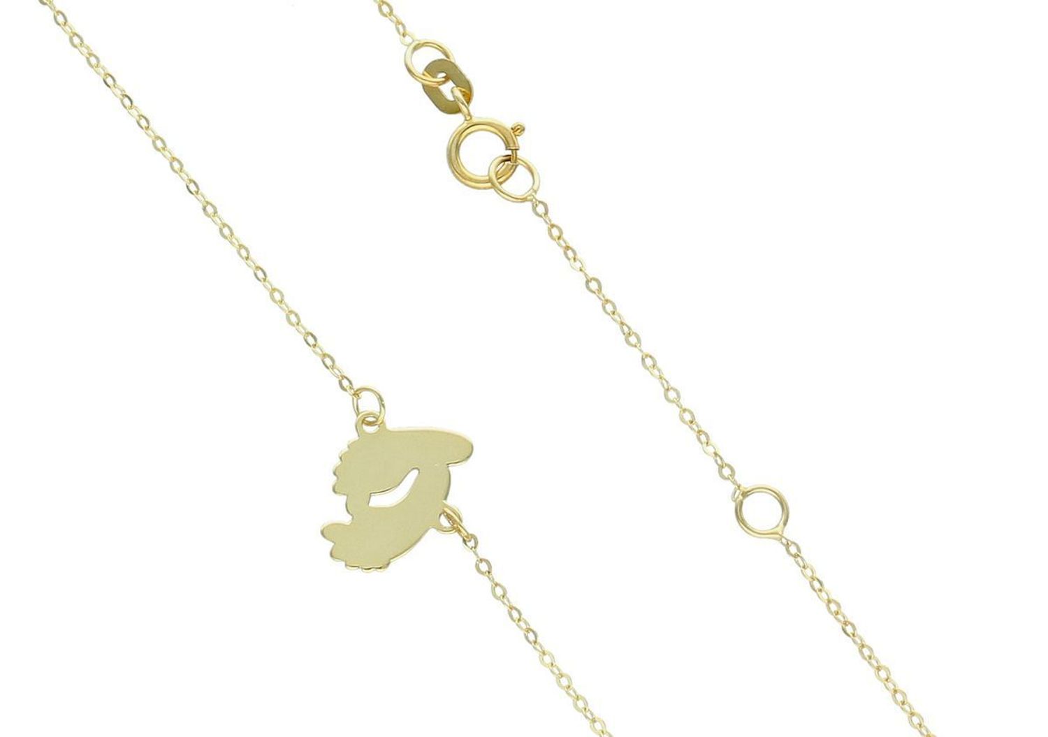 Złoty naszyjnik damski próby 333 z zawieszką w kształcie dwóch gładkich stópek. Długość 42+3 cm, splot ankier, waga 0,90 g. Symboliczna i delikatna biżuteria o wyjątkowym znaczeniu.1.jpg