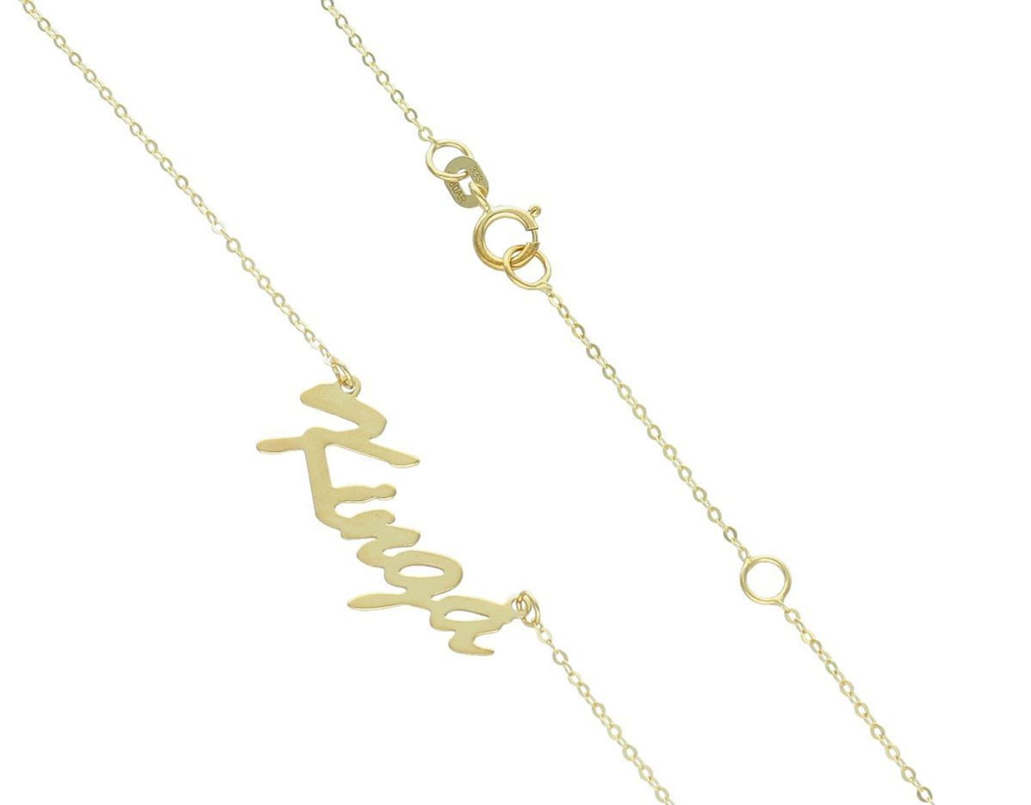 Złoty naszyjnik z imieniem „Kinga” wykonany ze złota próby 333. Łańcuszek typu ankier, długość 42 + 3 cm, waga 1,00 g. Subtelna biżuteria personalizowana – idealna na prezent.11.jpg