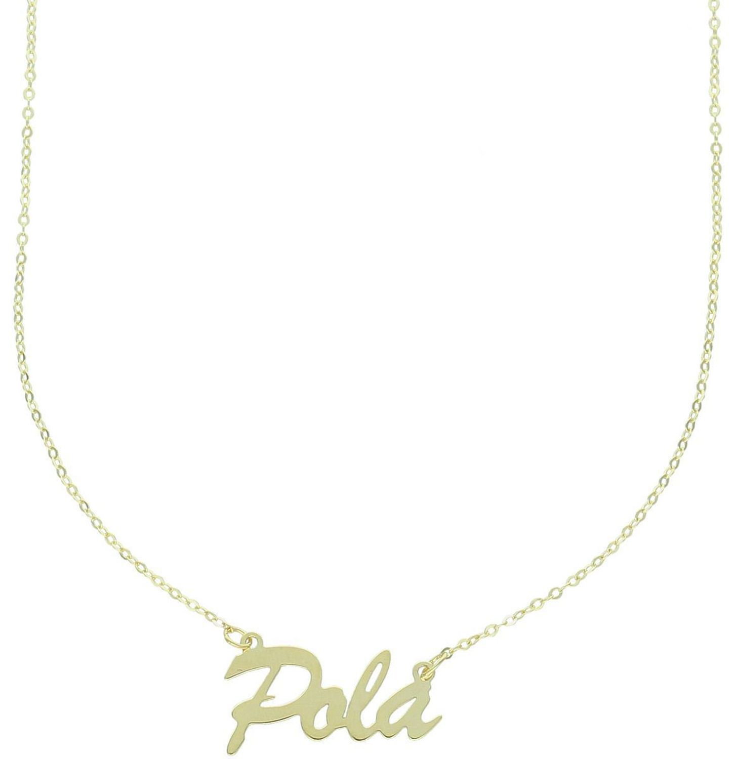 Złoty naszyjnik damski próby 333 z łańcuszkiem ankier i napisem „Pola”. Długość 42 cm + 3 cm regulacji, waga 0,98 g, zapięcie na karabińczyk. Delikatna i elegancka biżuteria idealna na prezent.1.jpg