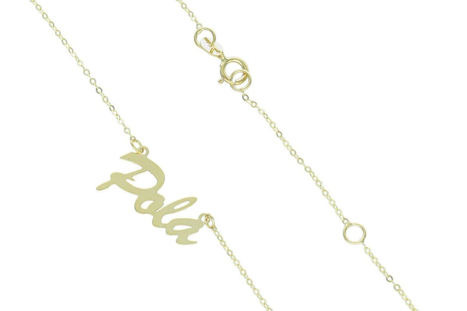 Złoty naszyjnik damski próby 333 z łańcuszkiem ankier i napisem „Pola”. Długość 42 cm + 3 cm regulacji, waga 0,98 g, zapięcie na karabińczyk. Delikatna i elegancka biżuteria idealna na prezent.1.jpg