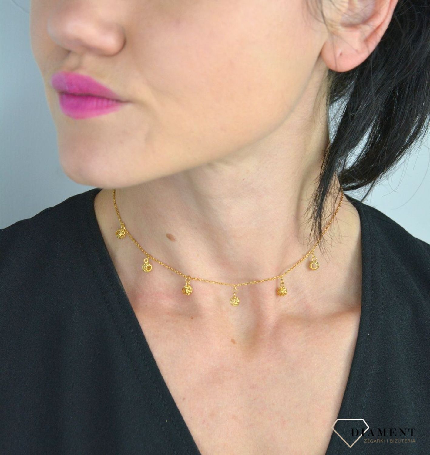 Srebrny naszyjnik pozłacany celebrytka z wiszącymi kuleczkami DIA-NSZ-CHOKER14-925.jpg