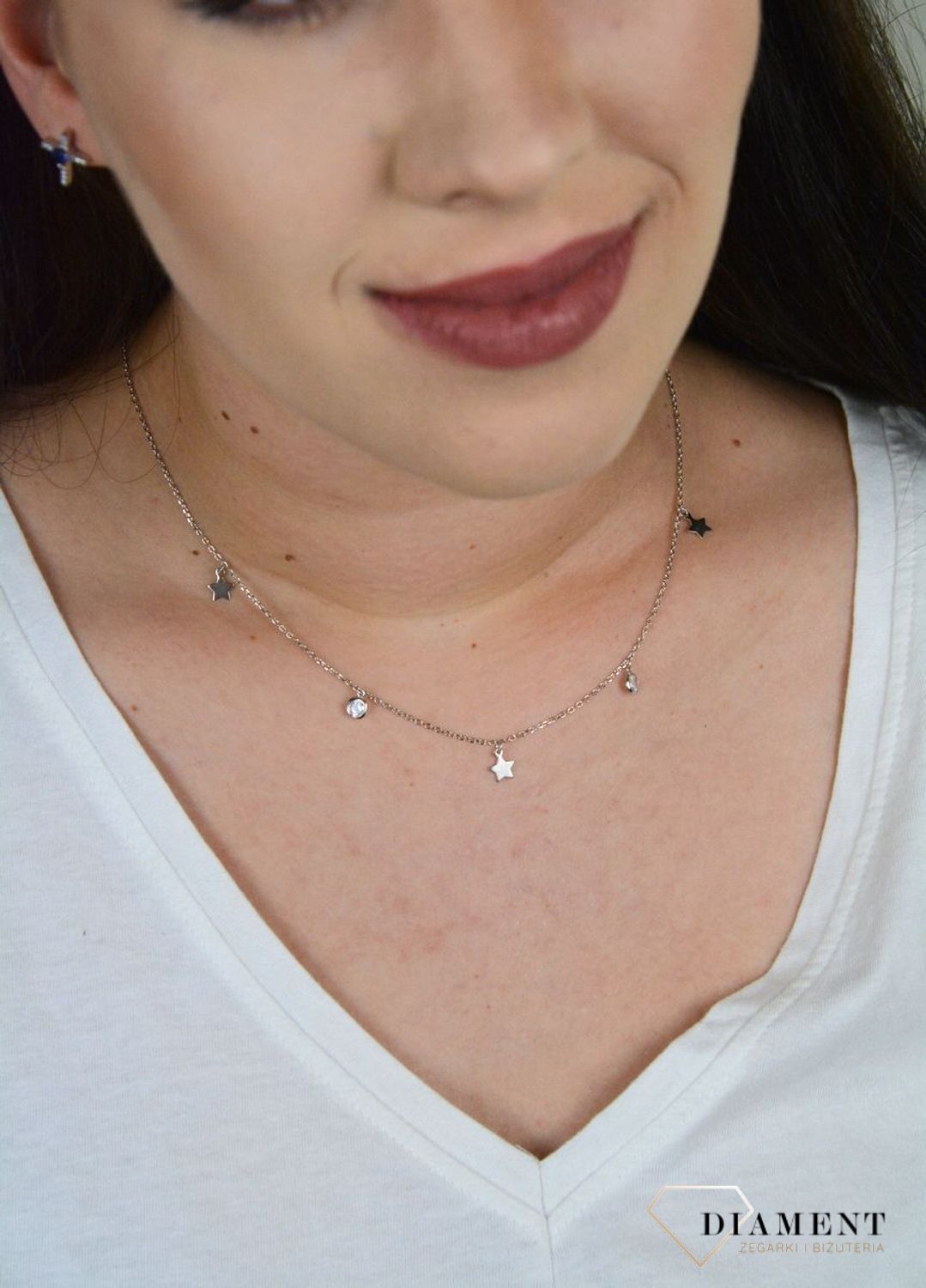 Srebrny naszyjnik choker celebrytka biała cyrkonia i gwiazdki DIA-NSZ-CHOKER21-925.jpg