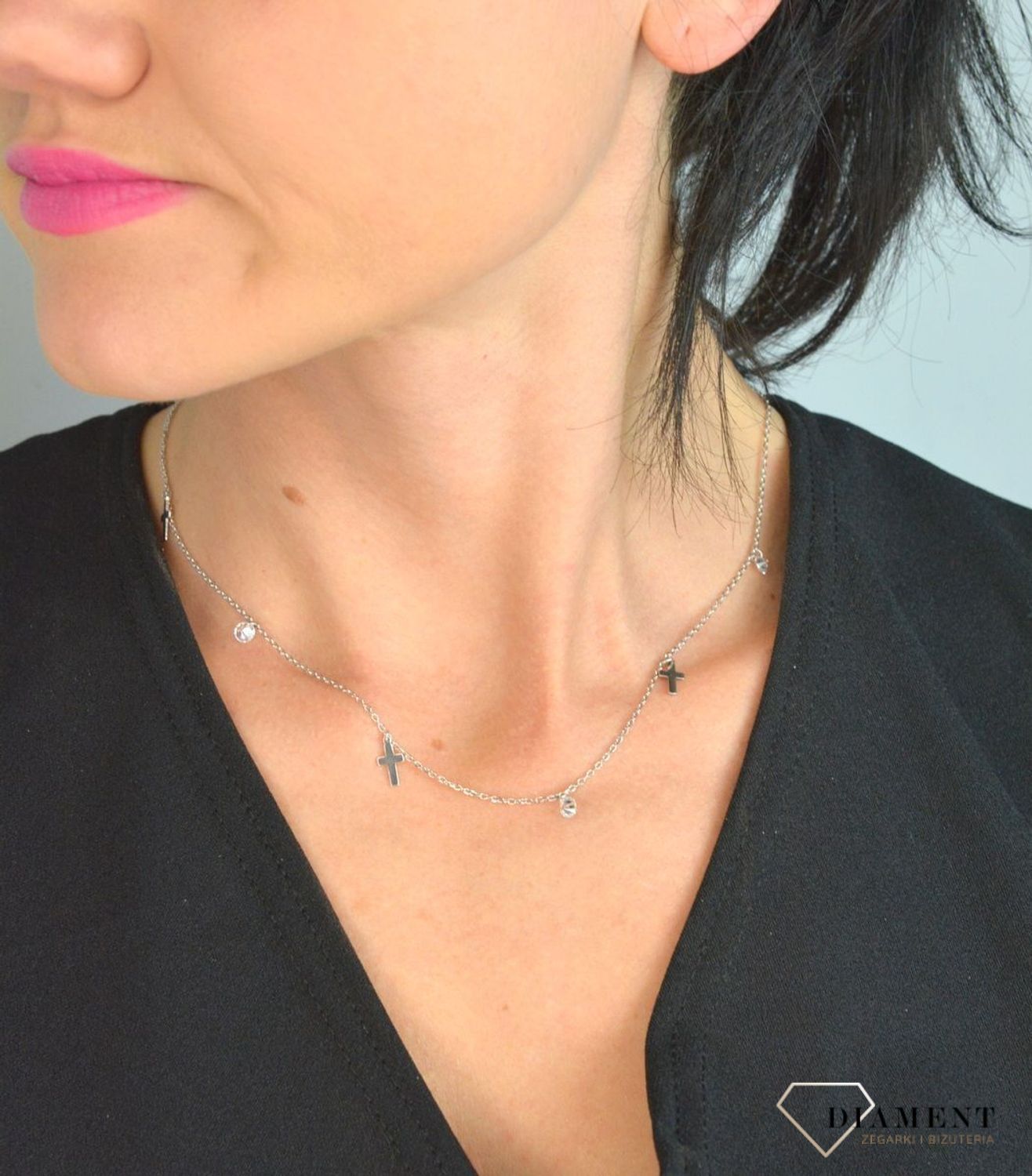 Naszyjnik srebrna celebrytka z krzyżykami i cyrkoniami DIA-NSZ-CHOKER29-925.jpg