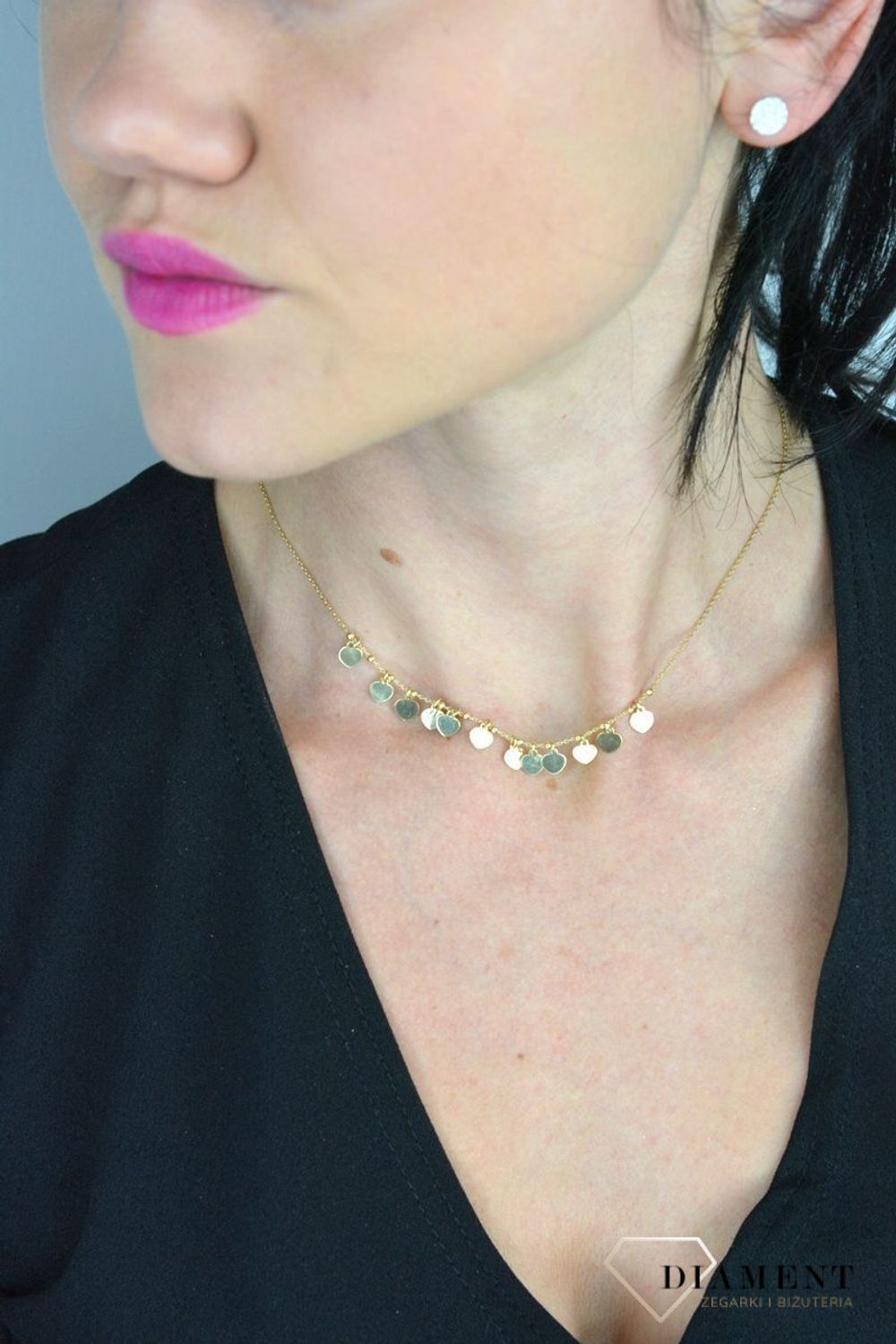 Srebrny naszyjnik pozłacana celebrytka wiszące serduszka DIA-NSZ-CHOKER8-z-925.jpg