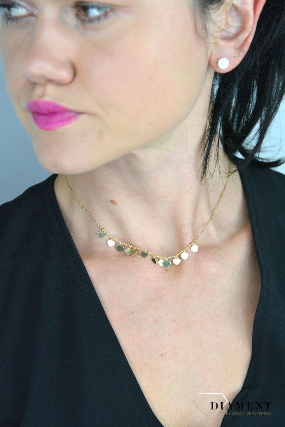 Srebrny naszyjnik pozłacana celebrytka wiszące serduszka DIA-NSZ-CHOKER8-z-925.jpg