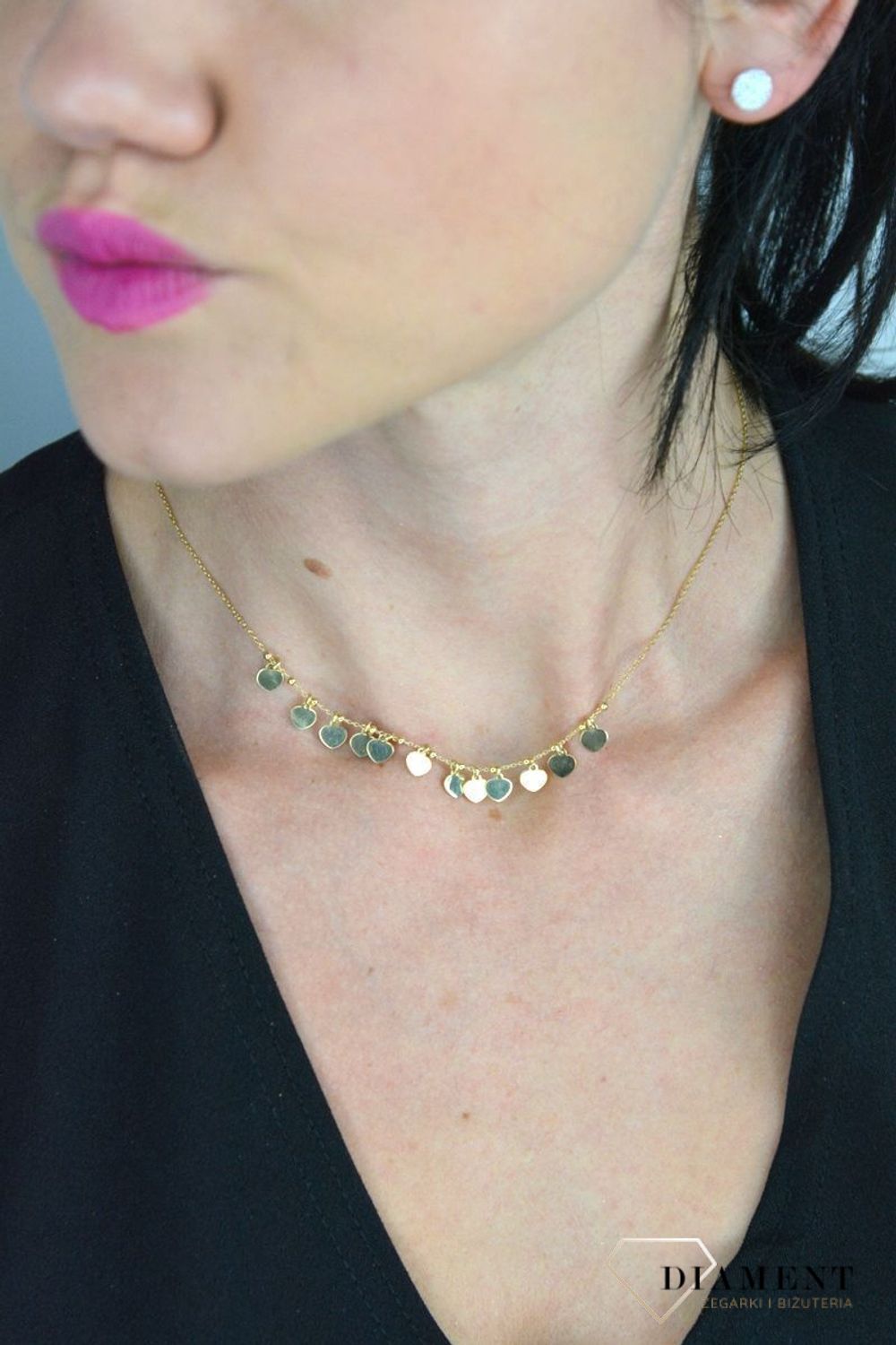 Srebrny naszyjnik pozłacana celebrytka wiszące serduszka DIA-NSZ-CHOKER8-z-925.jpg