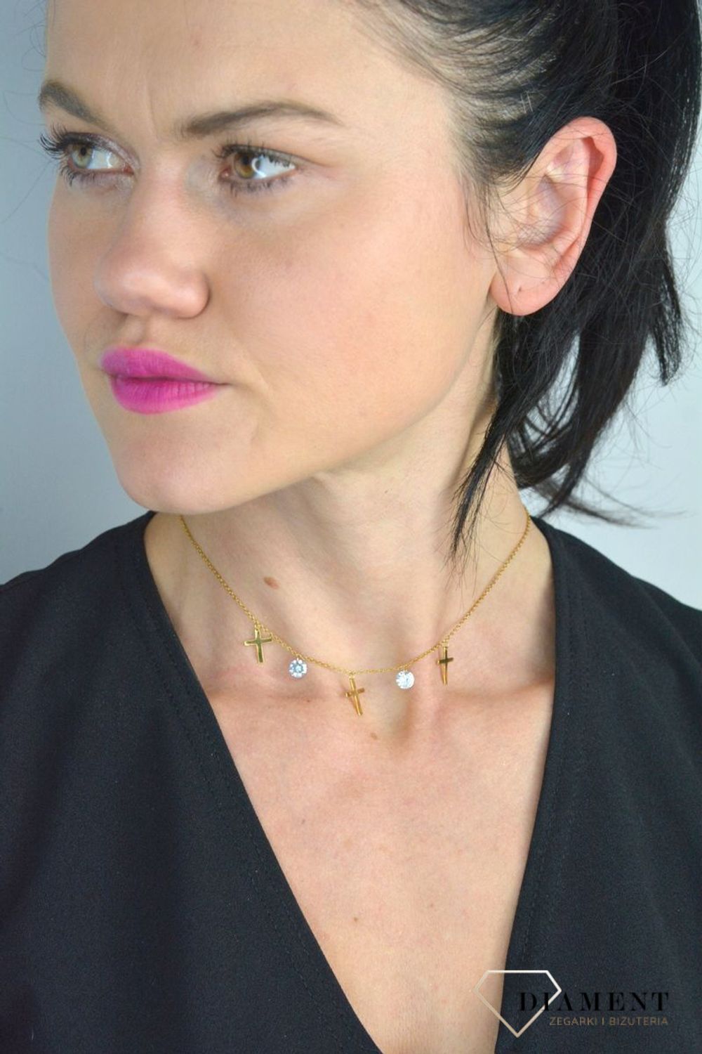 Srebrny naszyjnik celebrytka pozłacany choker krzyże z białymi kryształami DIA-NSZ-CHOKER9-925.jpg