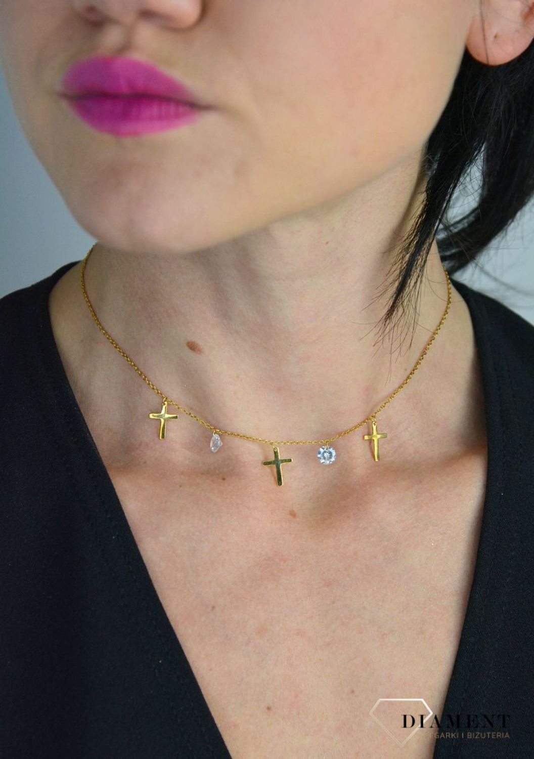 Srebrny naszyjnik celebrytka pozłacany choker krzyże z białymi kryształami DIA-NSZ-CHOKER9-925.jpg