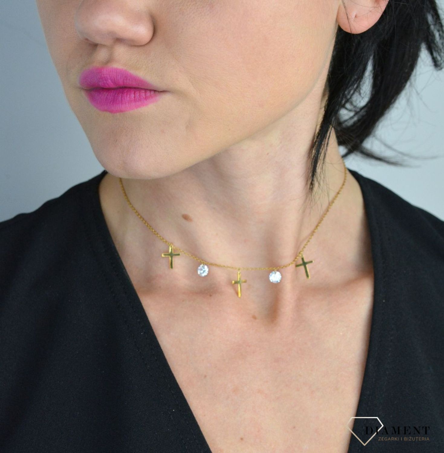 Srebrny naszyjnik celebrytka pozłacany choker krzyże z białymi kryształami DIA-NSZ-CHOKER9-925.jpg