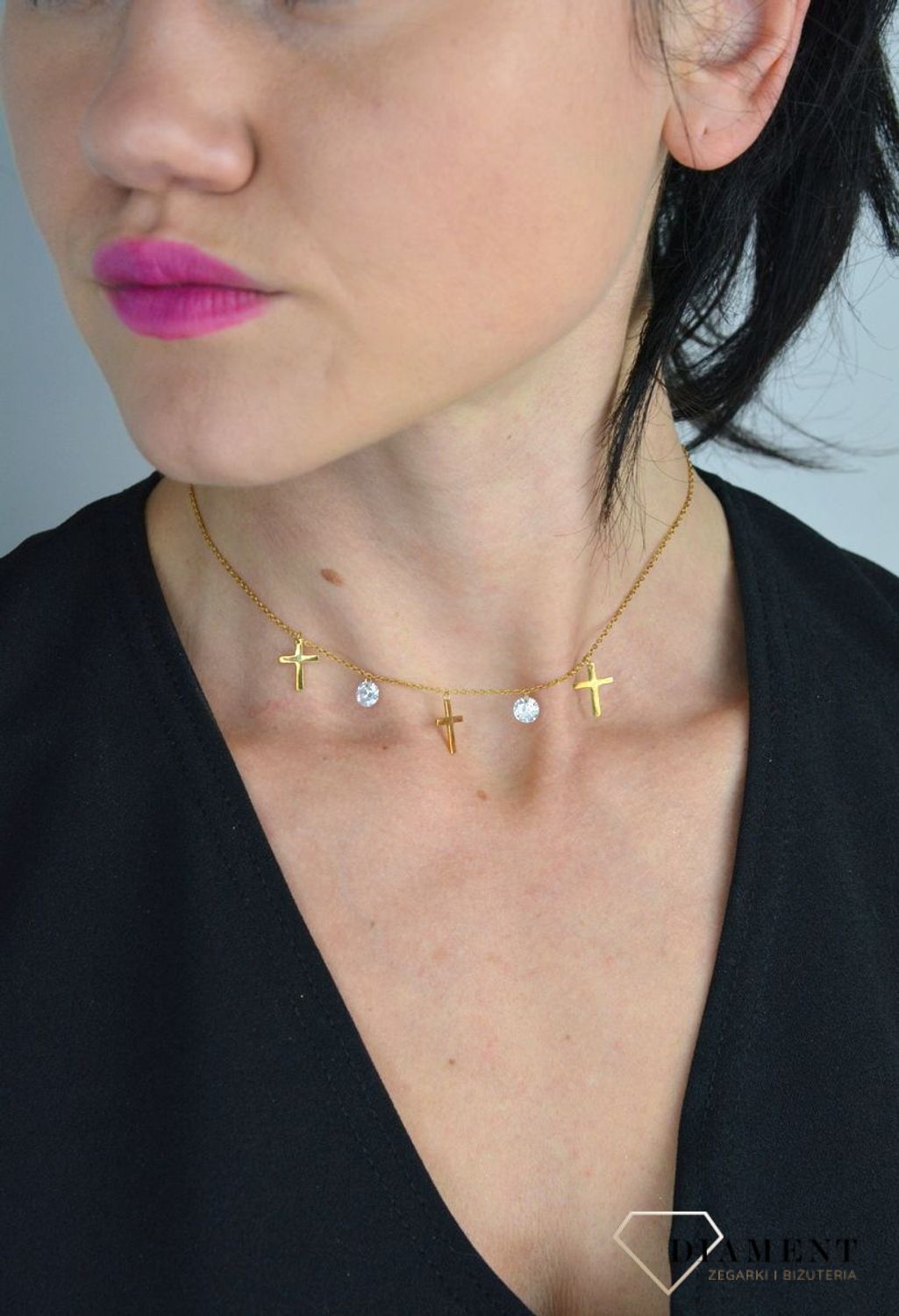 Srebrny naszyjnik celebrytka pozłacany choker krzyże z białymi kryształami DIA-NSZ-CHOKER9-925.jpg