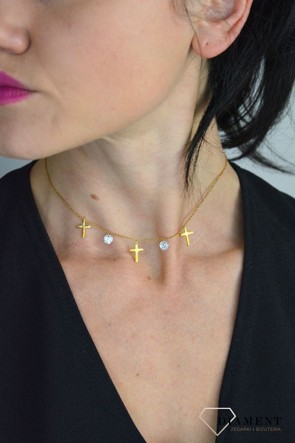 Srebrny naszyjnik celebrytka pozłacany choker krzyże z białymi kryształami DIA-NSZ-CHOKER9-925.jpg