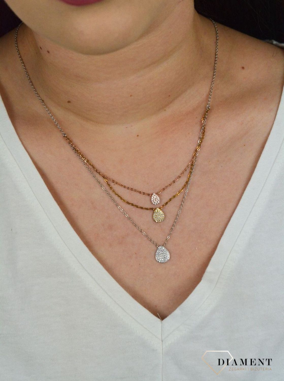 Srebrny naszyjnik celebrytka trzy łańcuszki 'Trójkolorowe łezki'.jpg