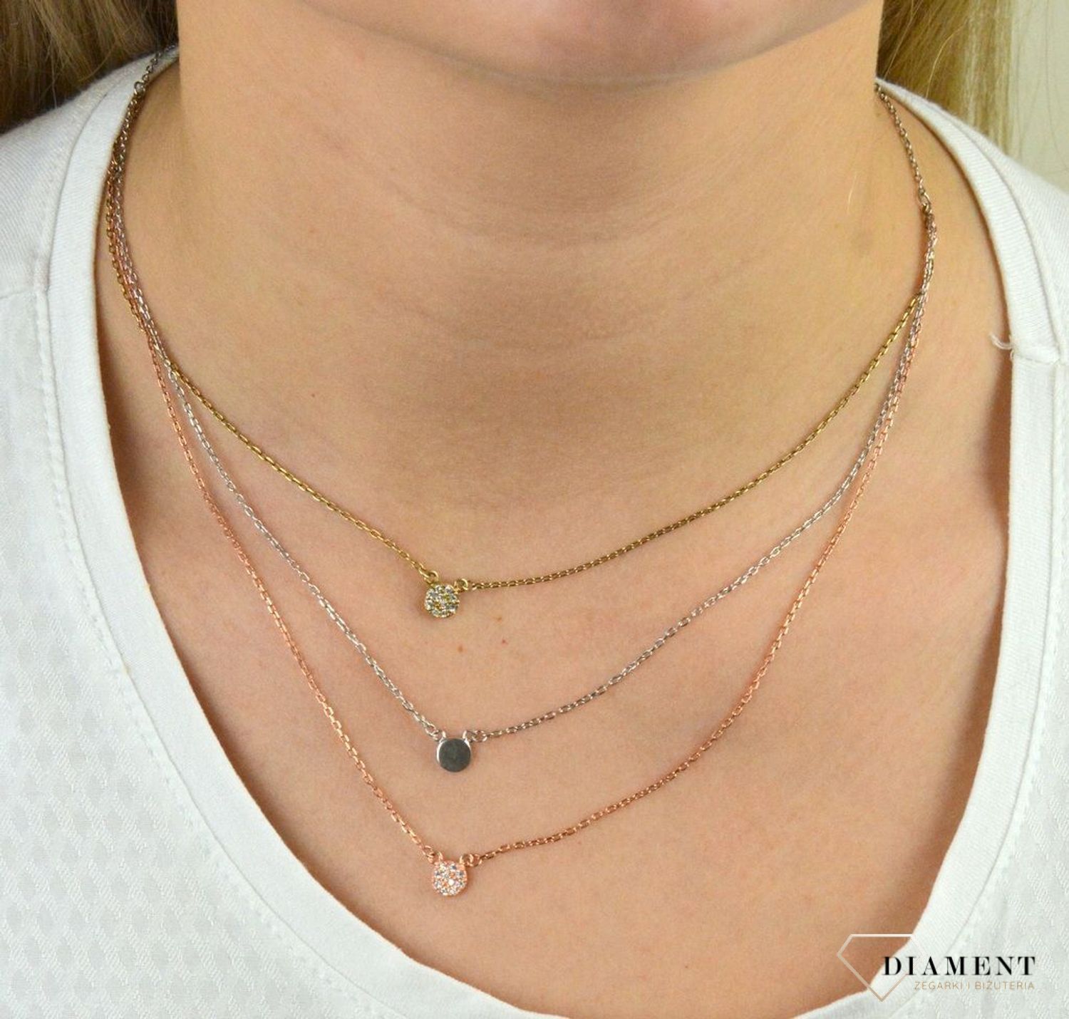 Srebrny naszyjnik celebrytka trzy łańcuszki 'Trójkolorowe Kółka' DIA-NSZ-CYRKONIE3-925.jpg