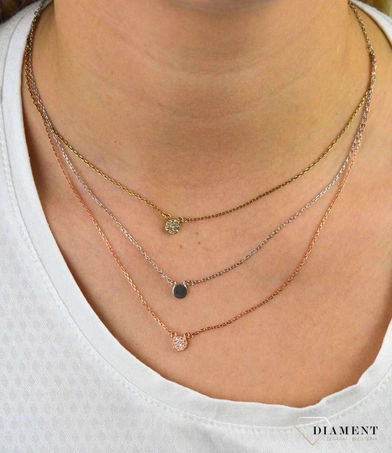 Srebrny naszyjnik celebrytka trzy łańcuszki 'Trójkolorowe Kółka' DIA-NSZ-CYRKONIE3-925.jpg