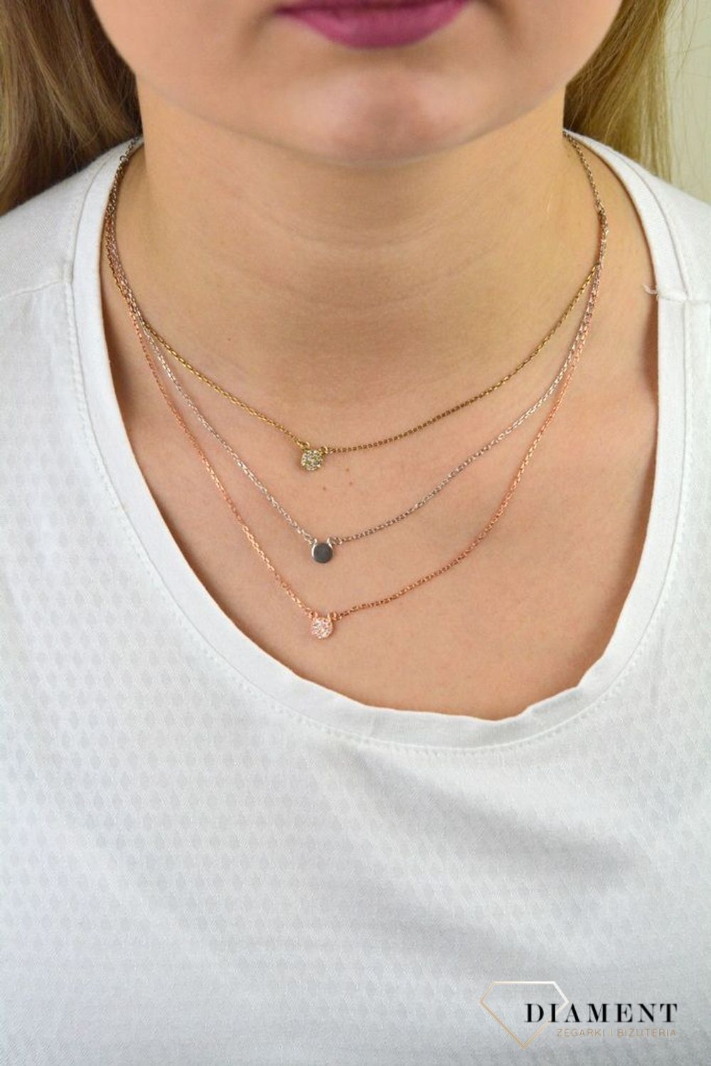 Srebrny naszyjnik celebrytka trzy łańcuszki 'Trójkolorowe Kółka' DIA-NSZ-CYRKONIE3-925.jpg