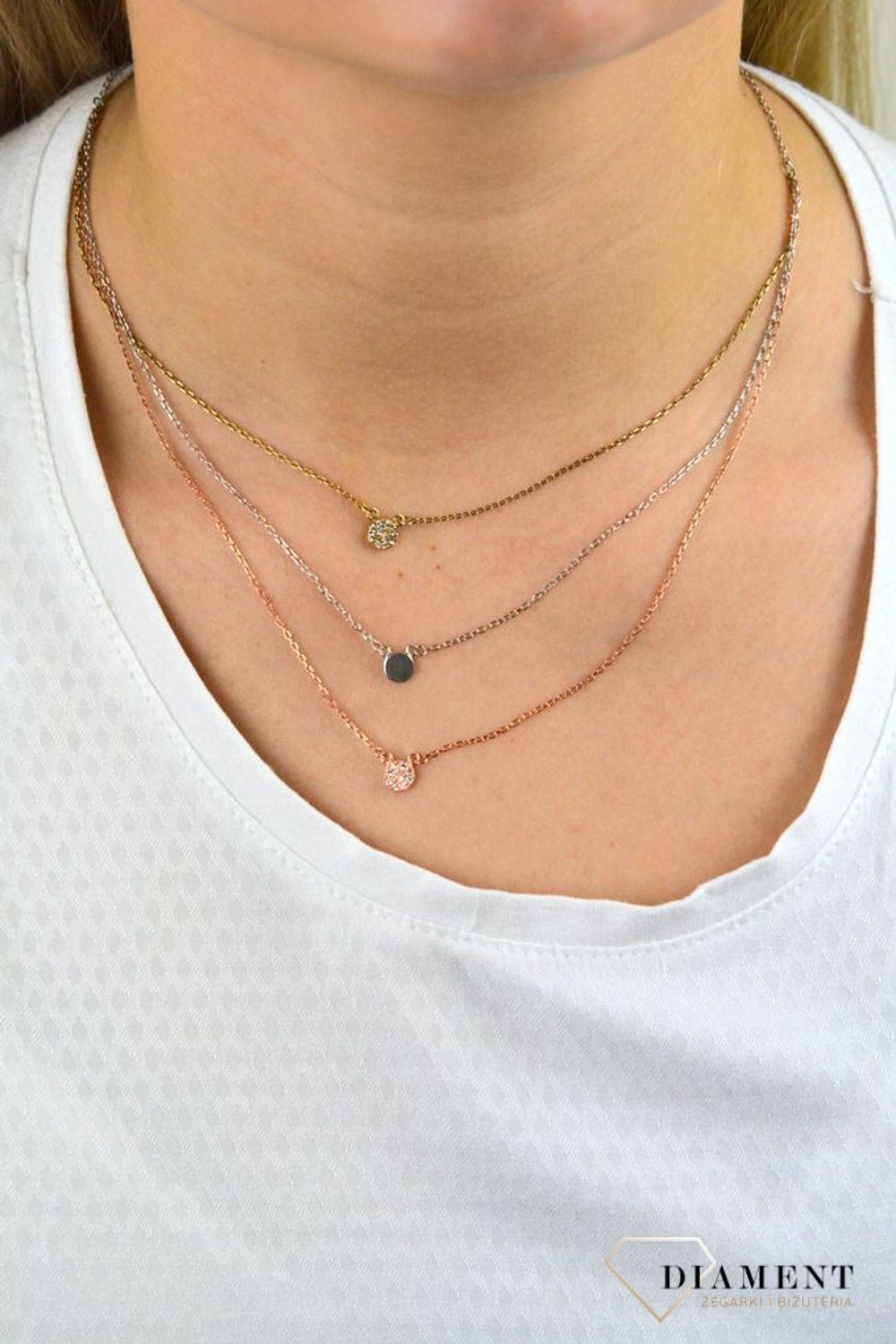 Srebrny naszyjnik celebrytka trzy łańcuszki 'Trójkolorowe Kółka' DIA-NSZ-CYRKONIE3-925.jpg