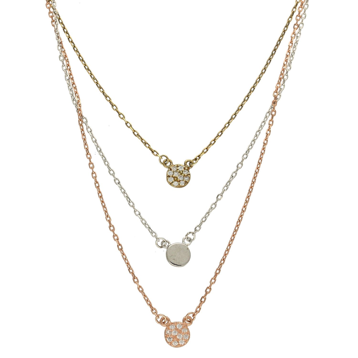 Srebrny naszyjnik celebrytka trzy łańcuszki 'Trójkolorowe Kółka' DIA-NSZ-CYRKONIE3-925.jpg