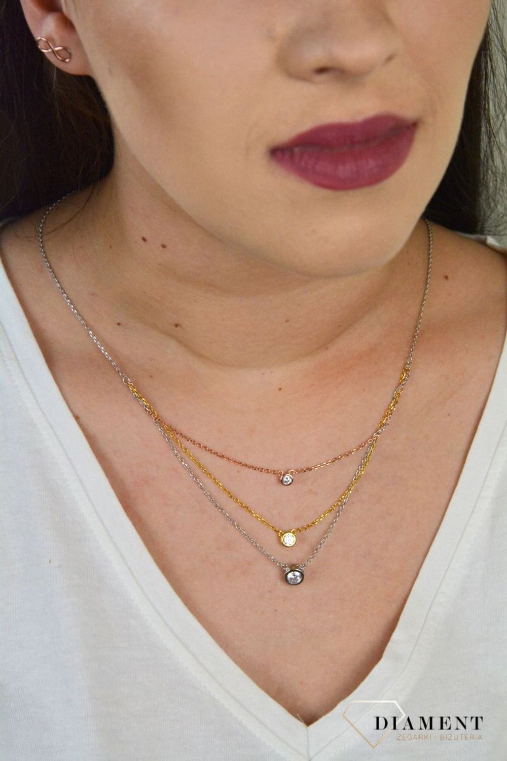 Srebrny naszyjnik celebrytka trzy łańcuszki 'Trójkolorowe cyrkonie' DIA-NSZ-CYRKONIE4-925.jpg