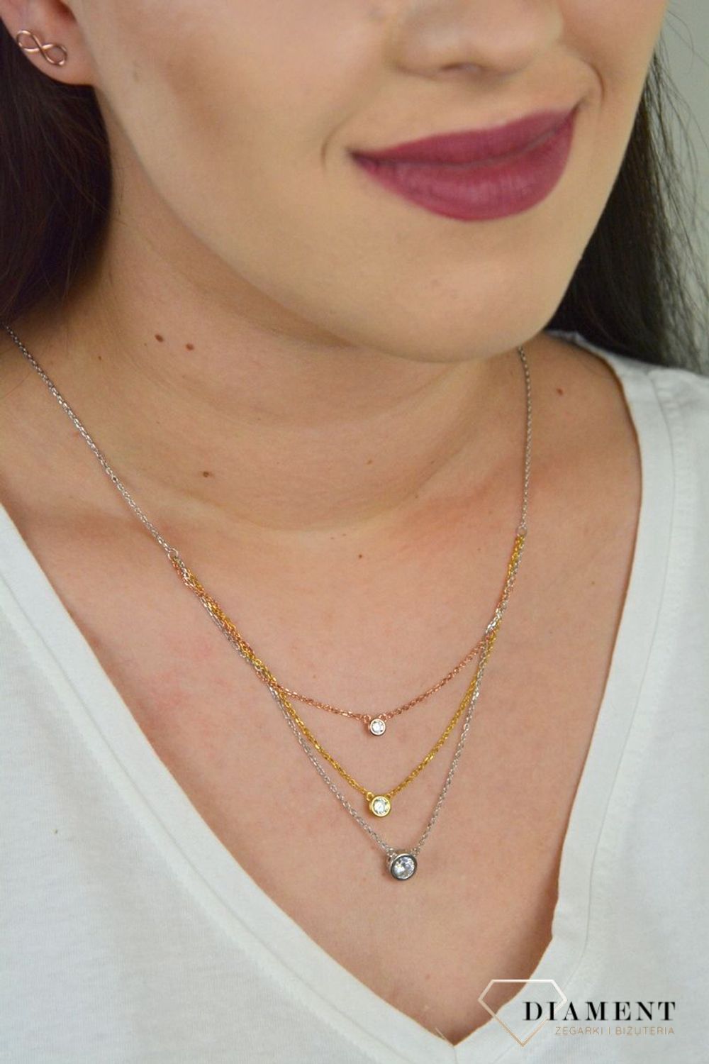 Srebrny naszyjnik celebrytka trzy łańcuszki 'Trójkolorowe cyrkonie' DIA-NSZ-CYRKONIE4-925.jpg