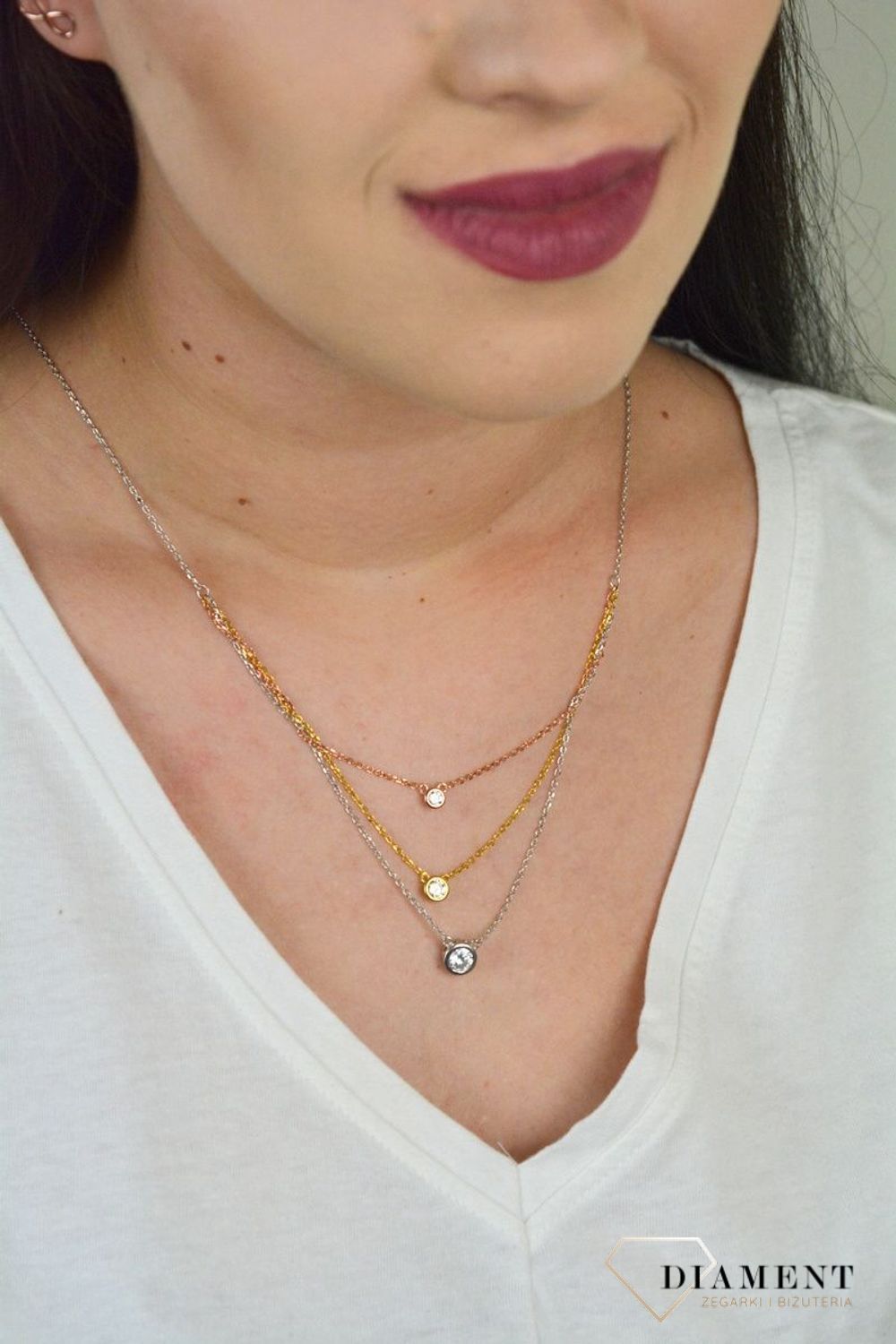 Srebrny naszyjnik celebrytka trzy łańcuszki 'Trójkolorowe cyrkonie' DIA-NSZ-CYRKONIE4-925.jpg