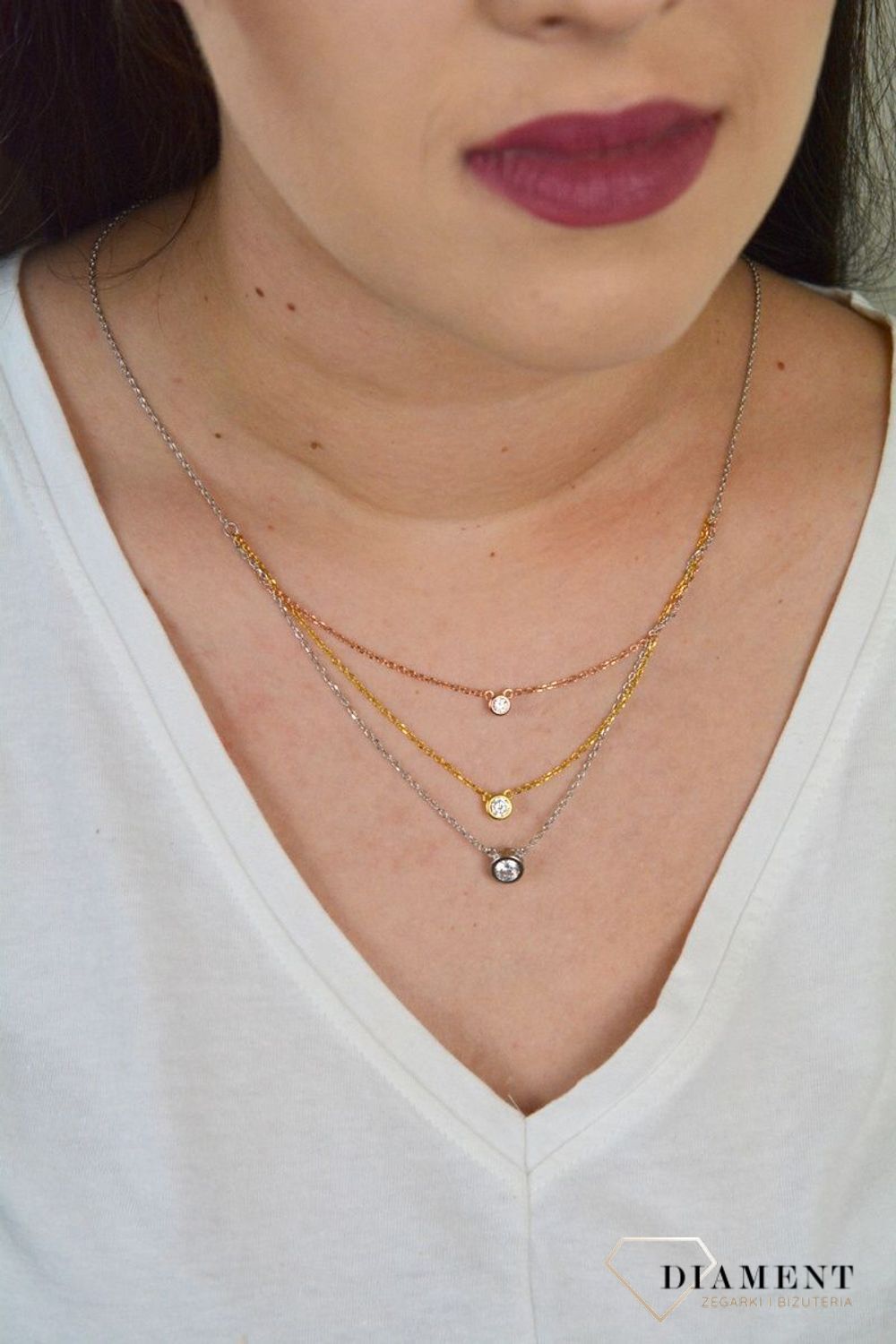 Srebrny naszyjnik celebrytka trzy łańcuszki 'Trójkolorowe cyrkonie' DIA-NSZ-CYRKONIE4-925.jpg
