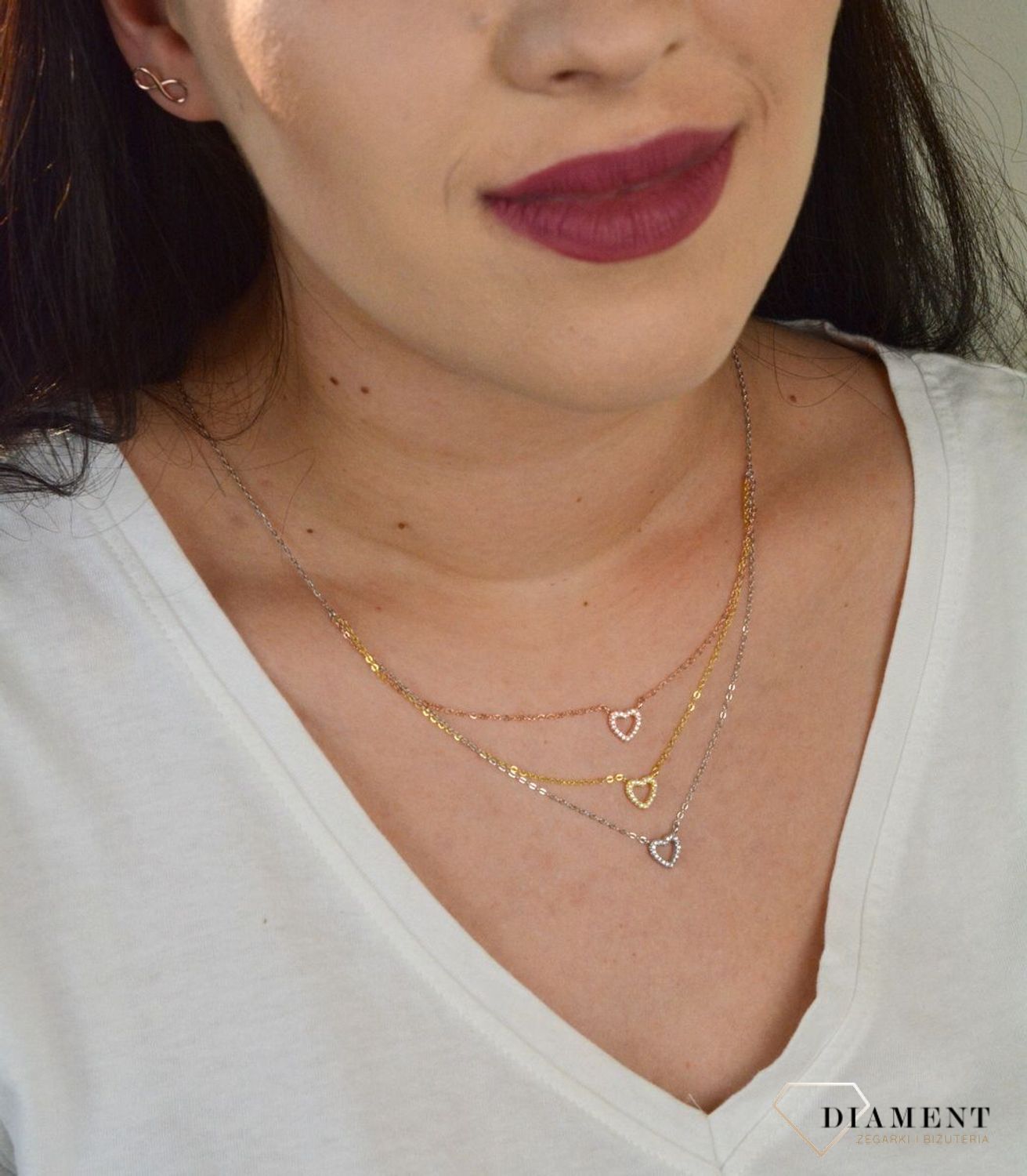 Srebrny naszyjnik celebrytka trzy łańcuszki 'Trójkolorowe Serca' DIA-NSZ-CYRKONIE5-925.jpg