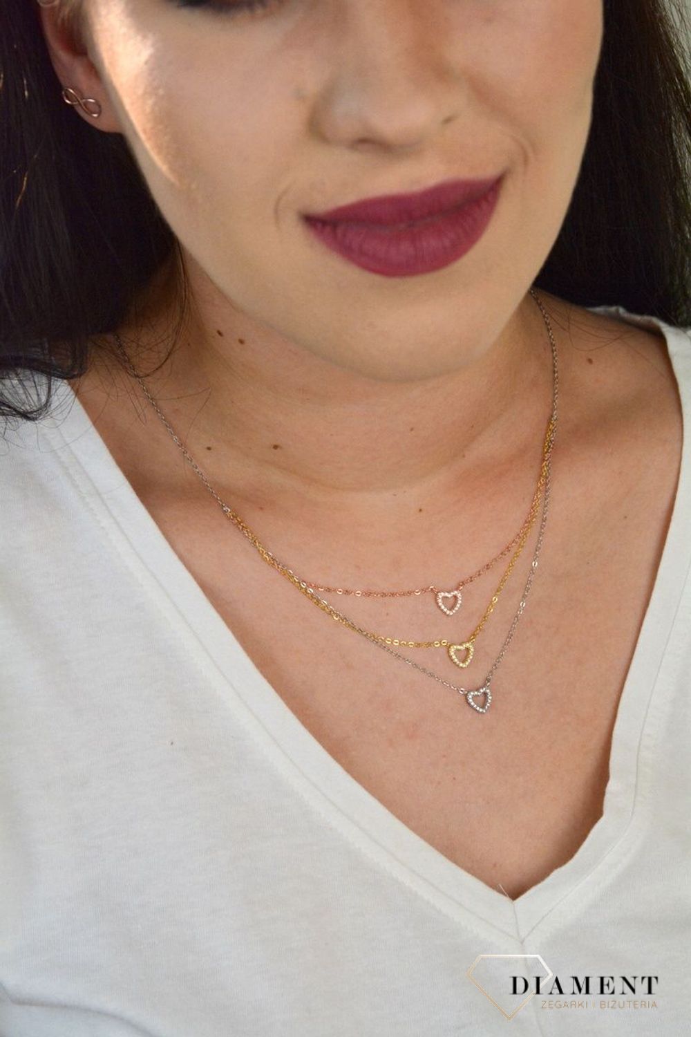 Srebrny naszyjnik celebrytka trzy łańcuszki 'Trójkolorowe Serca' DIA-NSZ-CYRKONIE5-925.jpg