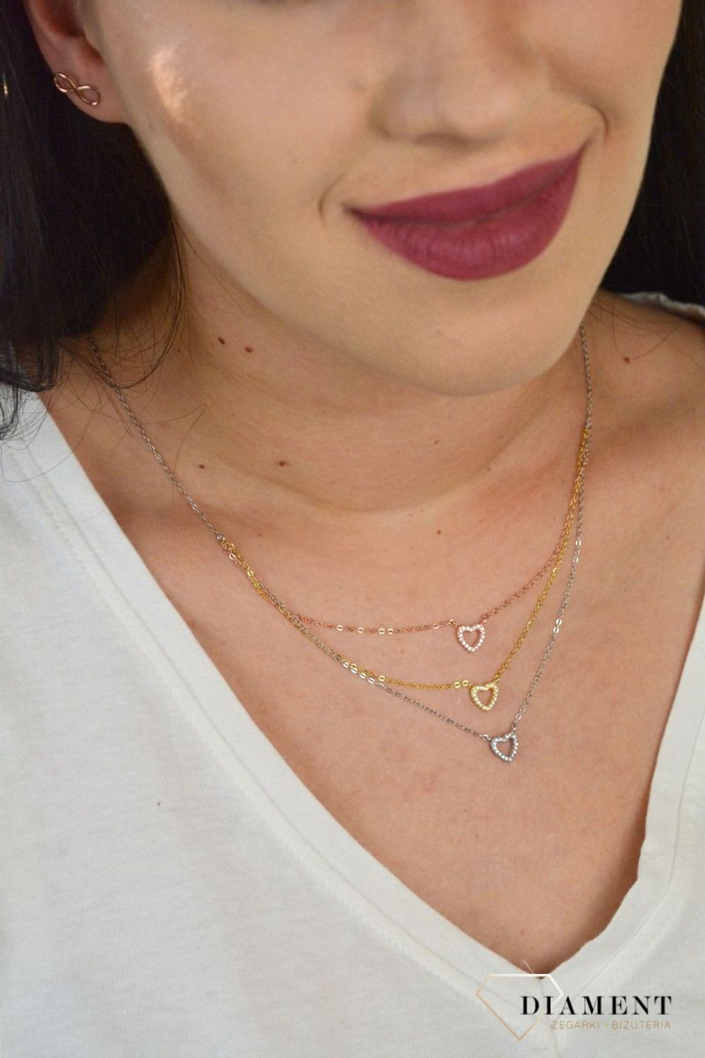 Srebrny naszyjnik celebrytka trzy łańcuszki 'Trójkolorowe Serca' DIA-NSZ-CYRKONIE5-925.jpg