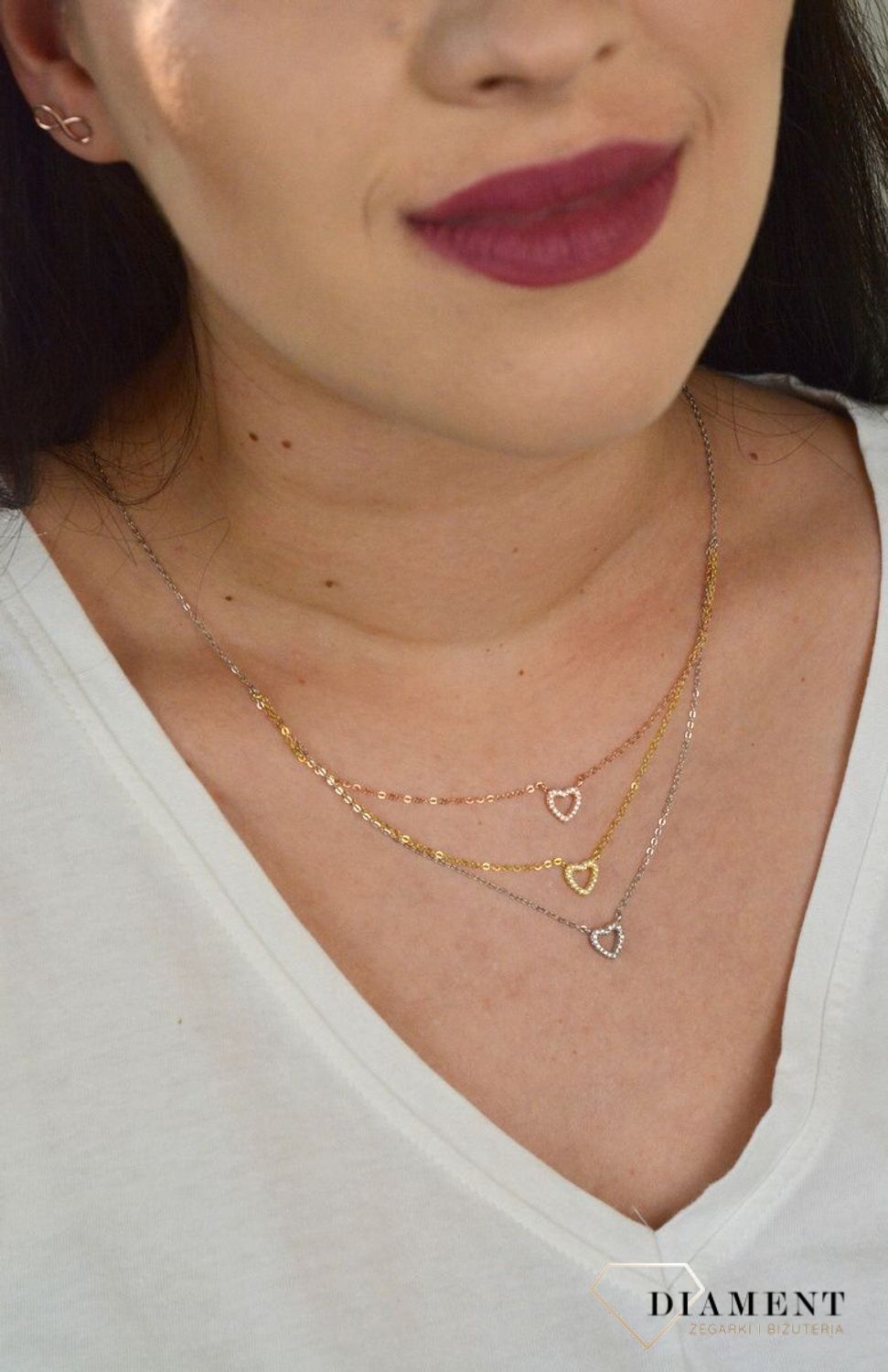 Srebrny naszyjnik celebrytka trzy łańcuszki 'Trójkolorowe Serca' DIA-NSZ-CYRKONIE5-925.jpg