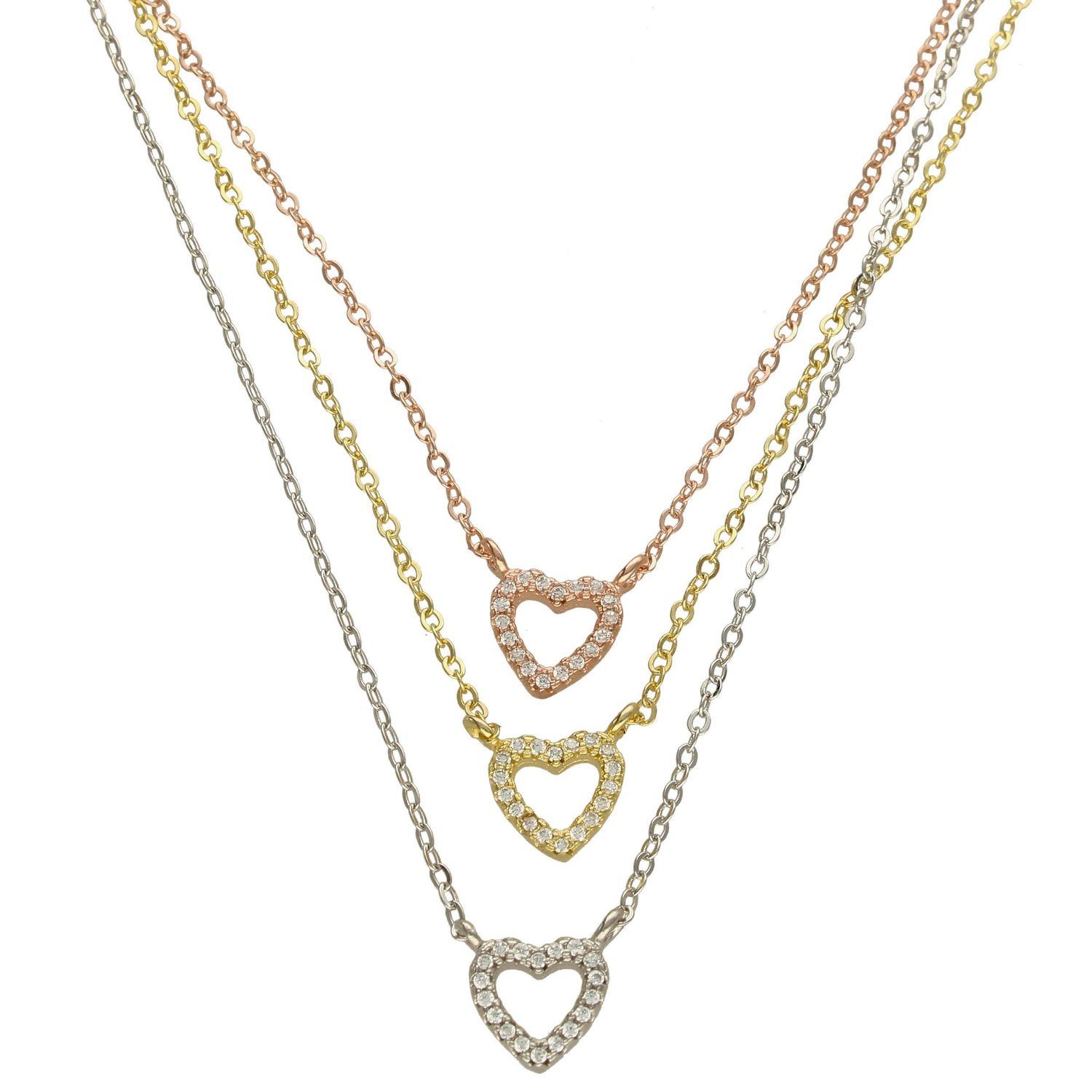 Srebrny naszyjnik celebrytka trzy łańcuszki 'Trójkolorowe Serca' DIA-NSZ-CYRKONIE5-925.jpg