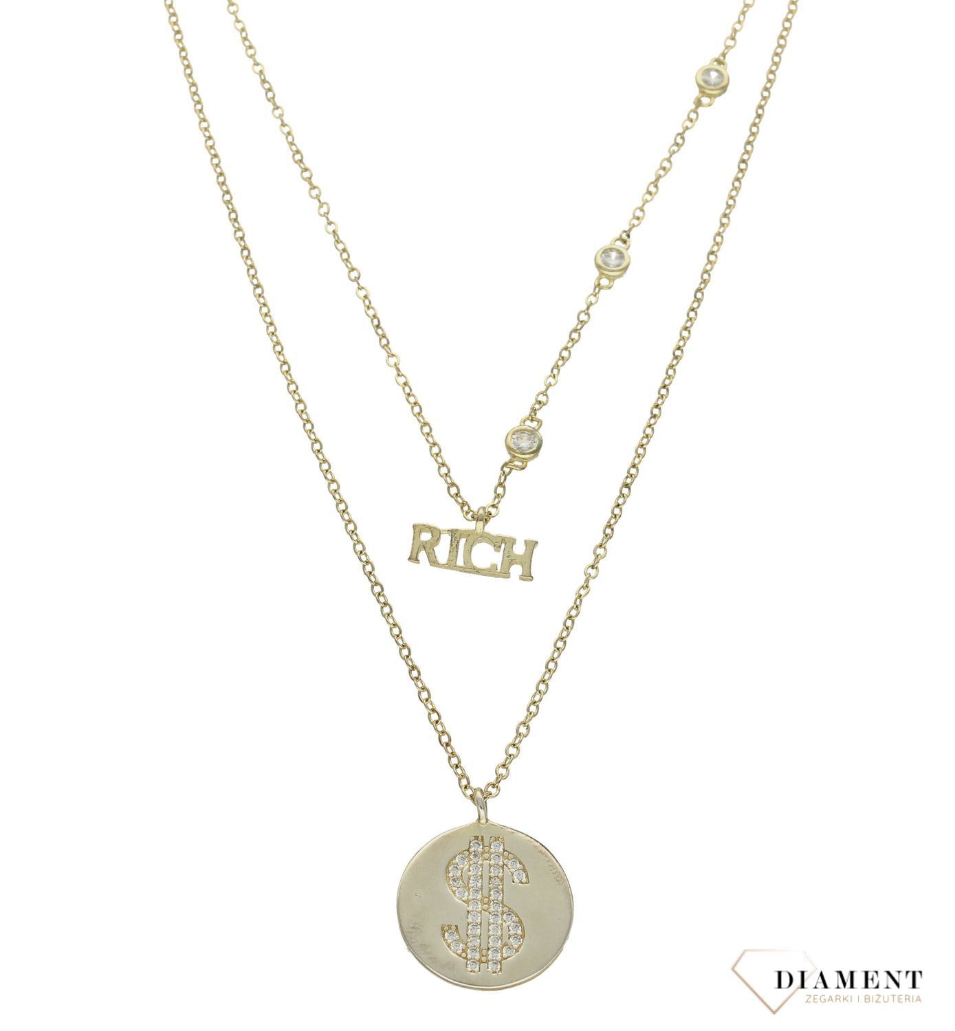 Srebrny naszyjnik damski pokryty złotem podwójny Dolar DIA-NSZ-DOLAR-925. Stylowy, srebrny naszyjnik. Łańcuszek rich. Podwójny łańcuszek na pewno sprawdzi się jako prezent..jpg