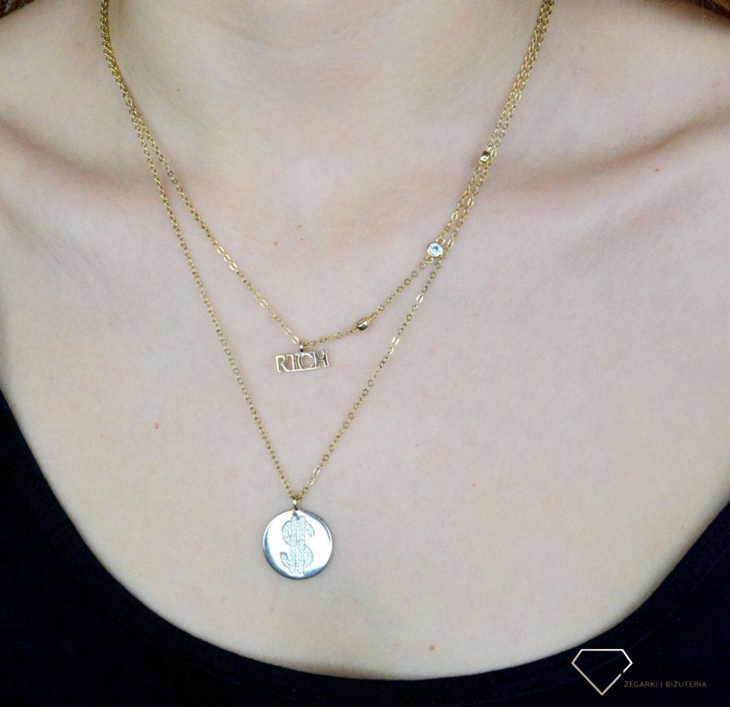 Srebrny naszyjnik damski pokryty złotem podwójny Dolar DIA-NSZ-DOLAR-925. Stylowy, srebrny naszyjnik. Łańcuszek rich. Podwójny łańcuszek na pewno sprawdzi się jako prezent..jpg