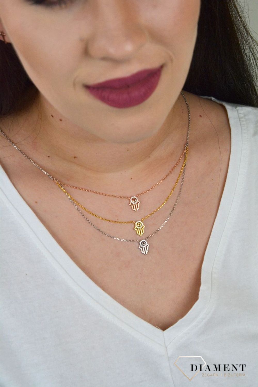 Srebrny naszyjnik celebrytka trzy łańcuszki 'Trójkolorowa Ręka Fatima' DIA-NSZ-FATIMA2-925.jpg