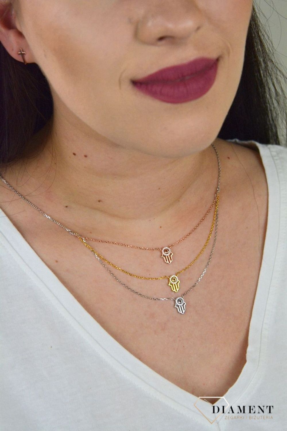 Srebrny naszyjnik celebrytka trzy łańcuszki 'Trójkolorowa Ręka Fatima' DIA-NSZ-FATIMA2-925.jpg