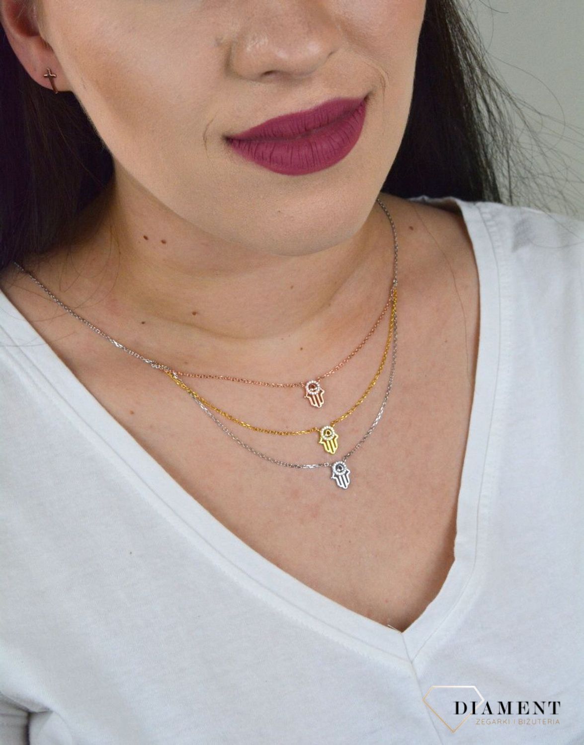 Srebrny naszyjnik celebrytka trzy łańcuszki 'Trójkolorowa Ręka Fatima' DIA-NSZ-FATIMA2-925.jpg