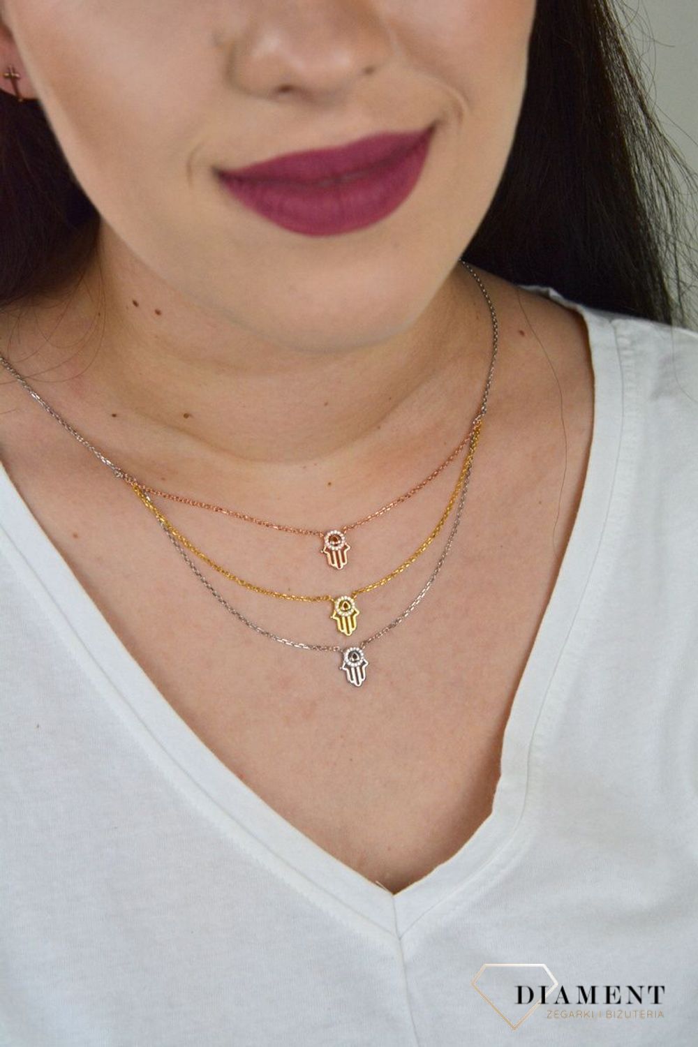 Srebrny naszyjnik celebrytka trzy łańcuszki 'Trójkolorowa Ręka Fatima' DIA-NSZ-FATIMA2-925.jpg