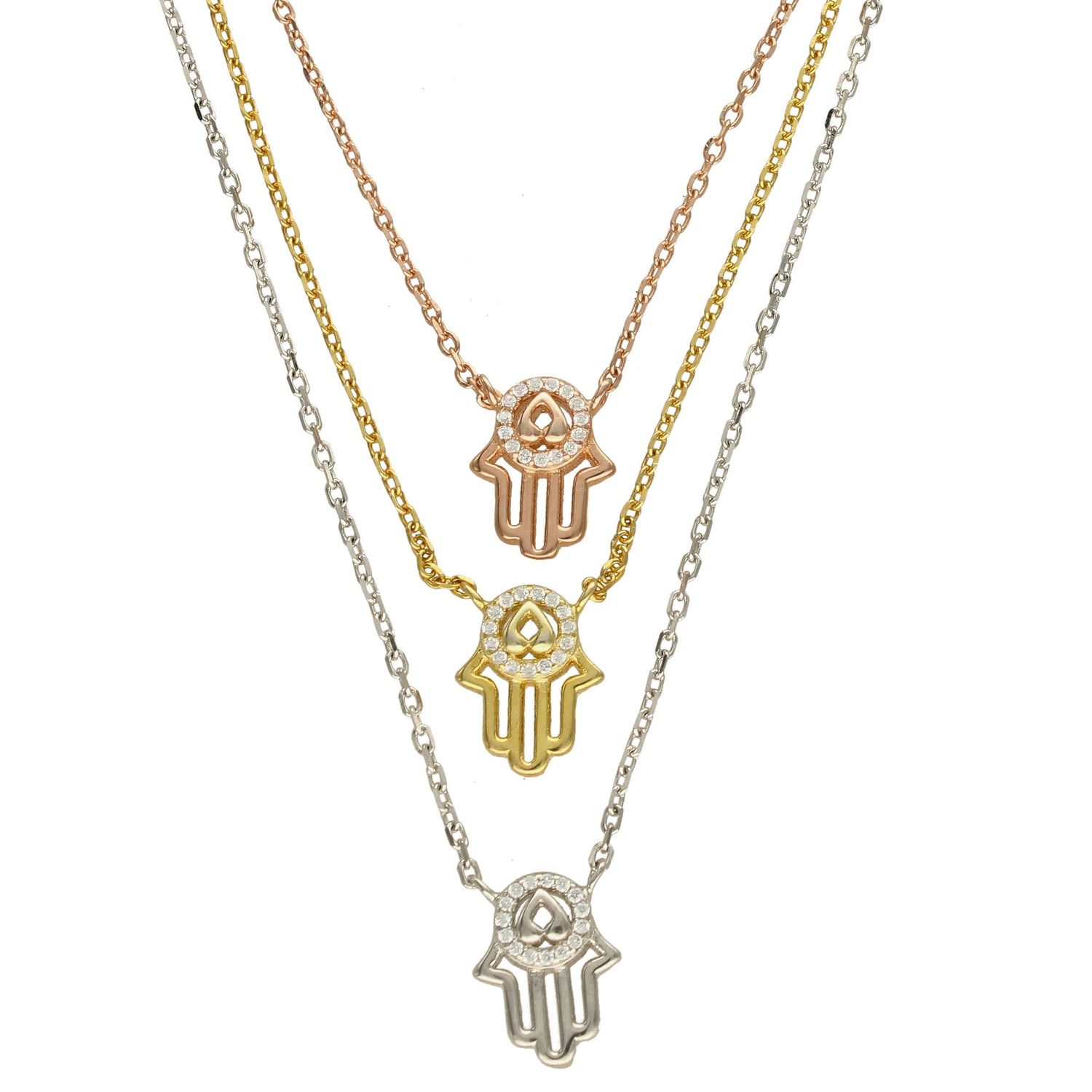 Srebrny naszyjnik celebrytka trzy łańcuszki 'Trójkolorowa Ręka Fatima' DIA-NSZ-FATIMA2-925.jpg