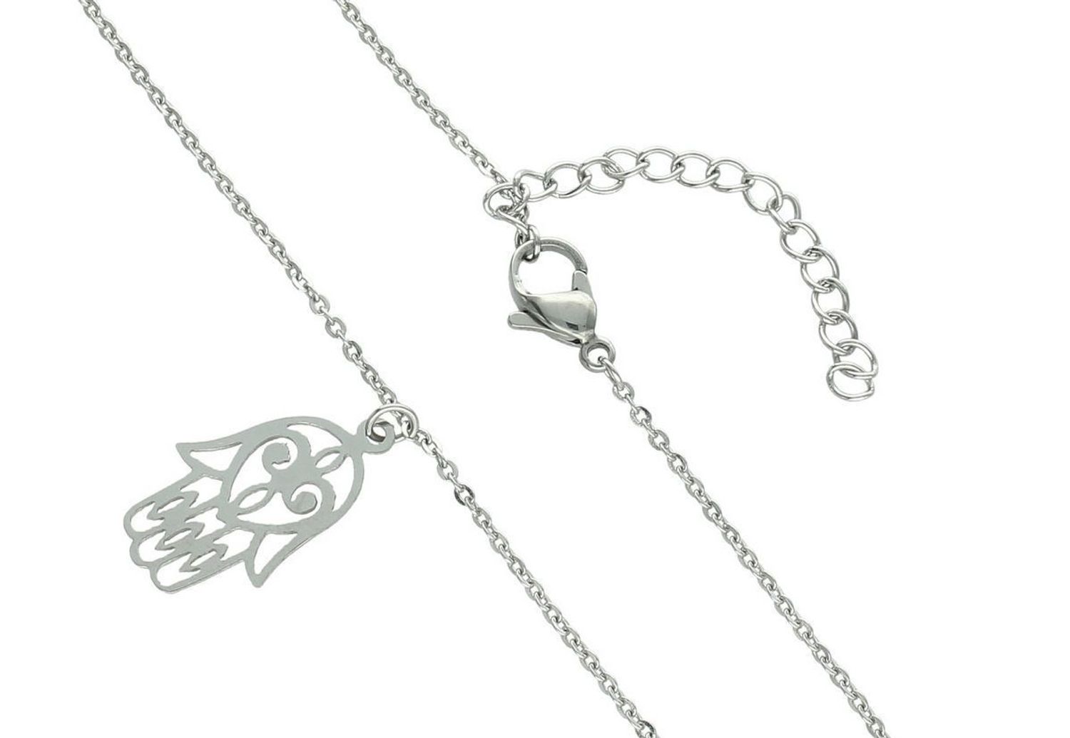 Naszyjnik damski DIA-NSZ-FATIMA3-925 z zawieszką w kształcie ręki Fatimy. Wykonany ze stali szlachetnej, długość 45+5 cm, zapięcie na karabińczyk. Symbol ochrony i harmonii – idealny prezent dla.jpg