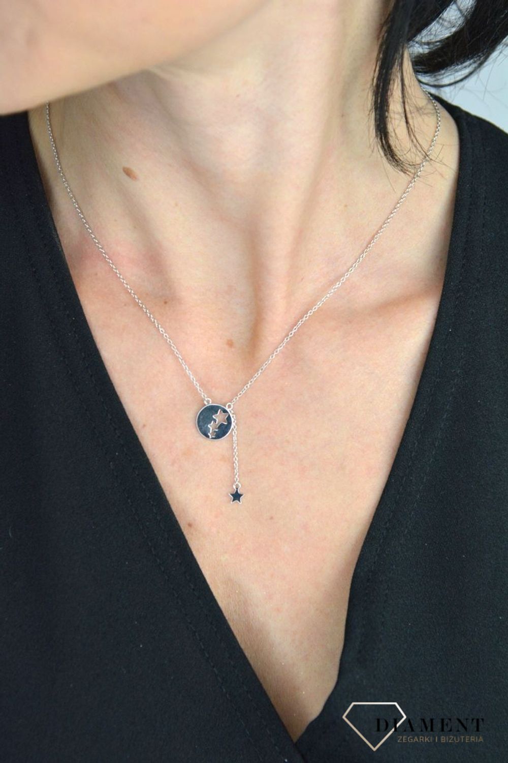 Srebrny naszyjnik celebrytka kółko z wyciętymi gwiazdkami i wisząca gwiazdka DIA-NSZ-GWIAZDKA3-925.jpg