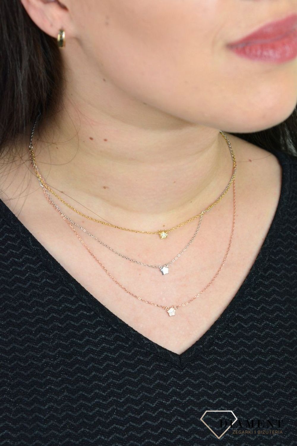 Srebrny naszyjnik celebrytka trzy łańcuszki 'Trójkolorowe Gwiazdy' DIA-NSZ-GWIAZDKA6-925.jpg