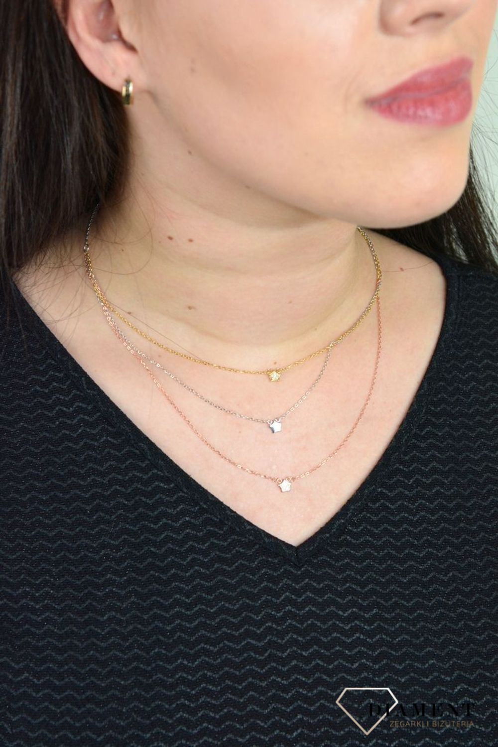 Srebrny naszyjnik celebrytka trzy łańcuszki 'Trójkolorowe Gwiazdy' DIA-NSZ-GWIAZDKA6-925.jpg