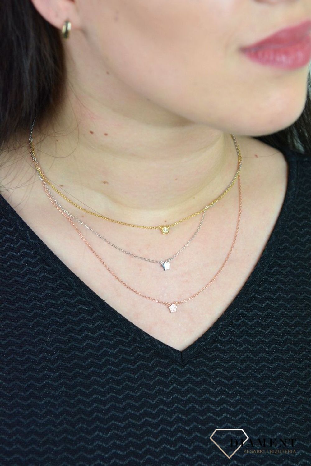 Srebrny naszyjnik celebrytka trzy łańcuszki 'Trójkolorowe Gwiazdy' DIA-NSZ-GWIAZDKA6-925.jpg