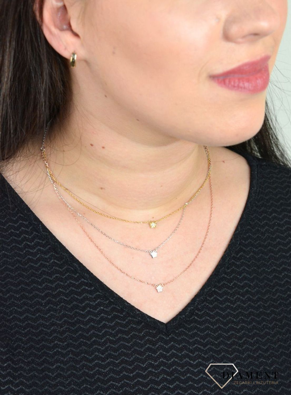 Srebrny naszyjnik celebrytka trzy łańcuszki 'Trójkolorowe Gwiazdy' DIA-NSZ-GWIAZDKA6-925.jpg